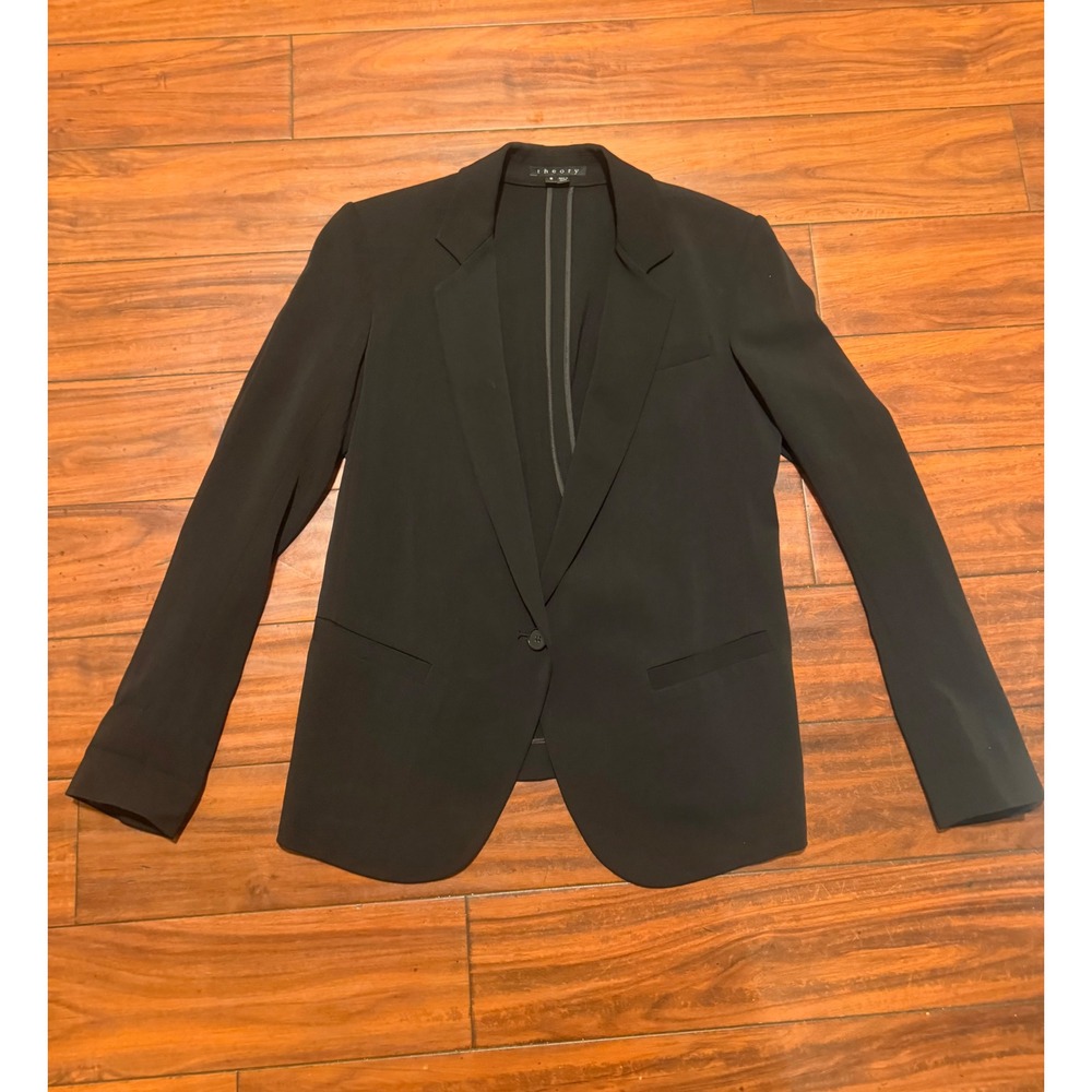 Theory Yelina Black Wool Silk Blend Single Button Cinch Back Blazer Jacket SZ 8